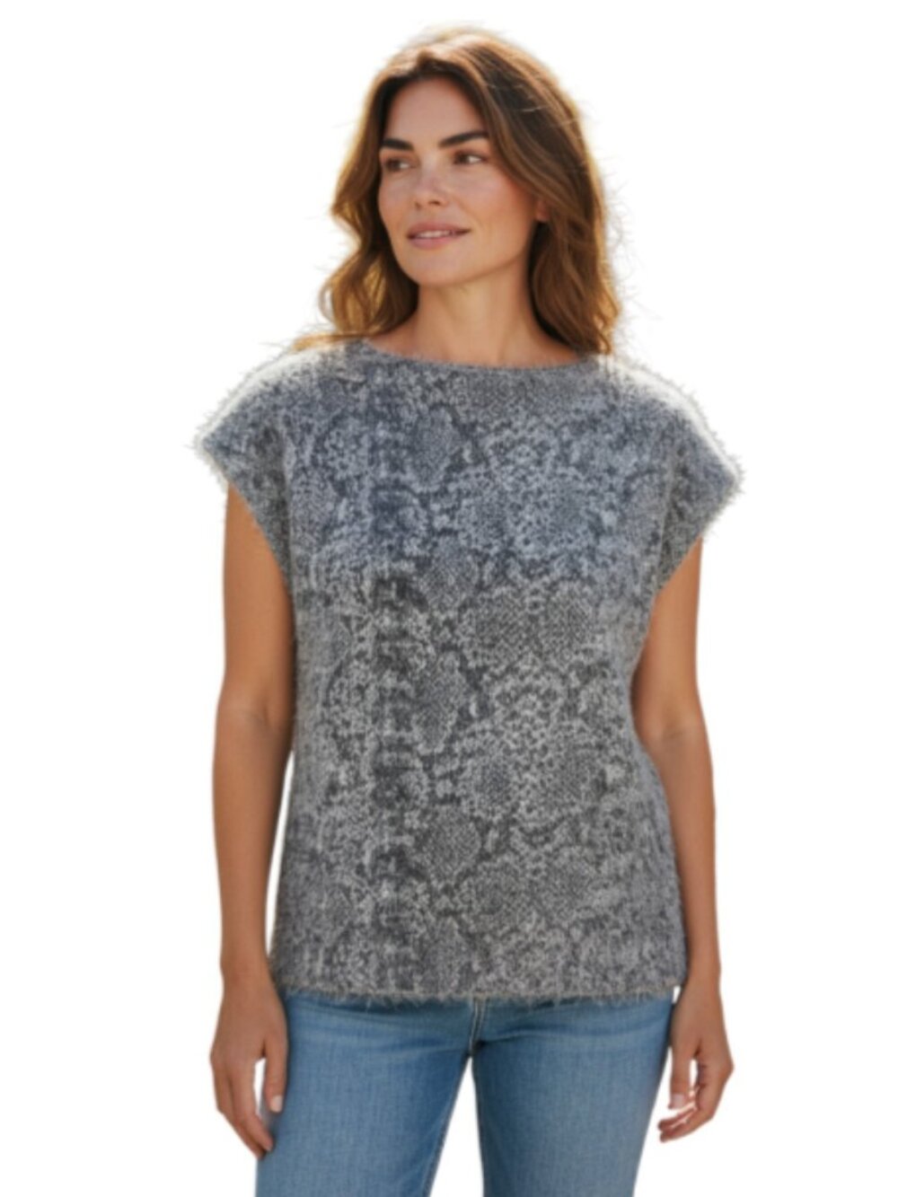NEW Banana Republic X-Large Eyelash Tunic Blouse Fuzzy Gray Black Animal Print